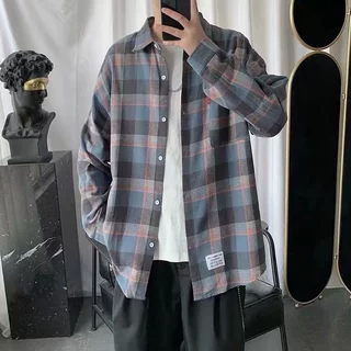 秋季长袖格子衬衫男士港风潮流宽松休闲衬衣男生帅气外套一件代发