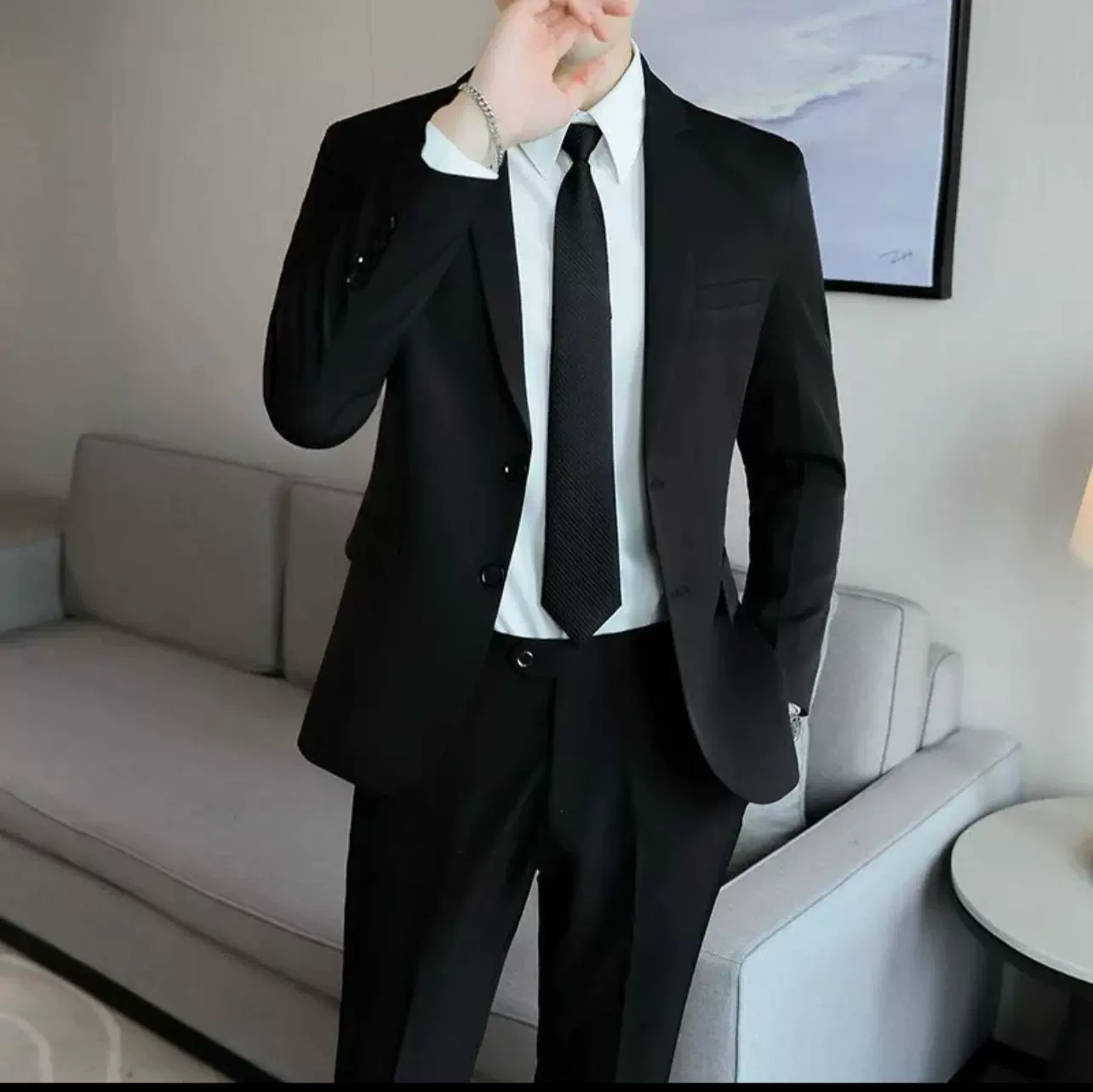 高级感男士西装套装商务高端西服男士黑色正装结婚礼服休闲修身款