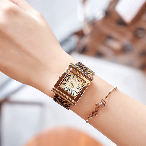 Internet celebrity trendy fashion steel strap leopard print mesh band square dial brand watch women's watch European style personality