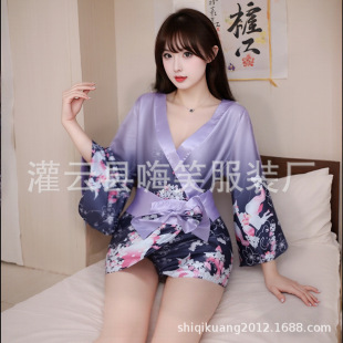 Fat plus size Sex Lingerie Sexy Purple Shatin Printed Cos Kimono Flirting Temptation Pure Sex Temptation