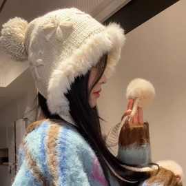 加绒兔毛帽子女秋冬百搭加厚保暖滑雪护耳雷锋针织毛线户外包头帽