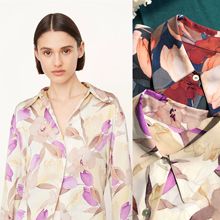 郁香人间 郁金香印花 砂洗素绉缎光面反做大领子重磅真丝长袖衬衫