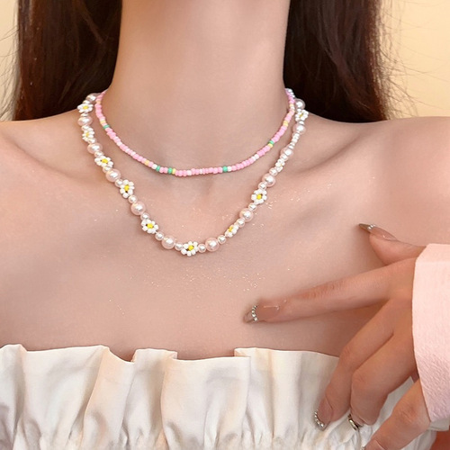 Sweet girl~ Pink bead flower double-layer necklace Summer  new accessory forest temperament collar necklace