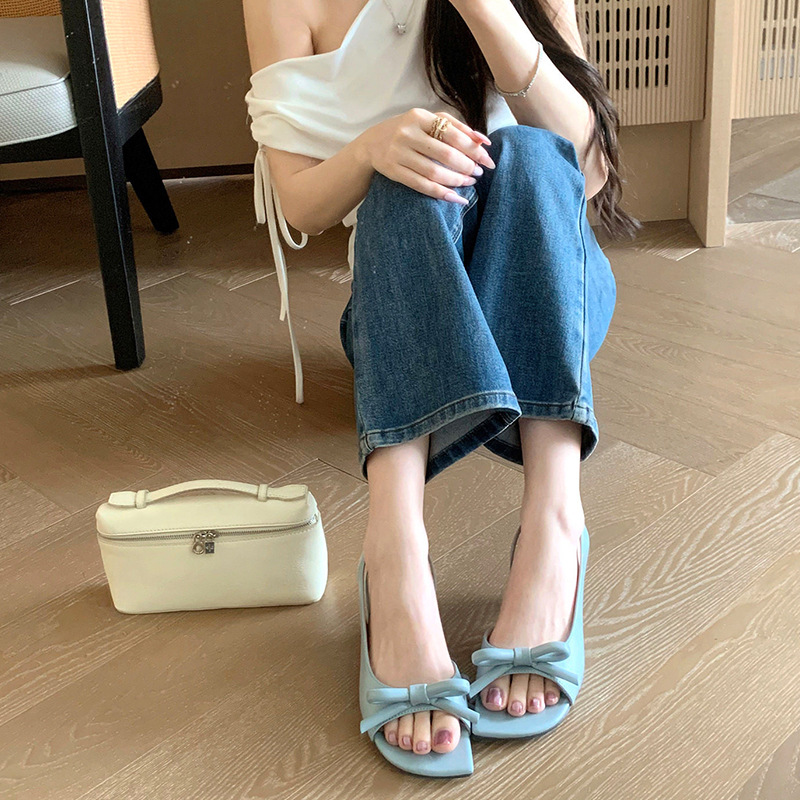 Soft Cowhide French-Style Sandals with a 5.5cm Heel~New Summer Style Square-Toe Three-Dimensional Bowknot Open-Back Open-Toe Sandals for Women