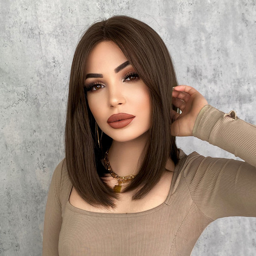 Foreign trade ladies small T front lace wig chemical fiber full headgear brown short straight hair middle parted Bob Lace Wigs