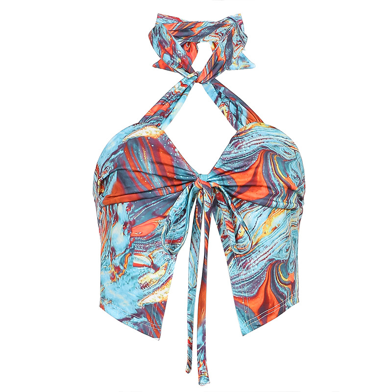 halter neck tie vest water ripple printing beach split half skirt set NSRUI53087