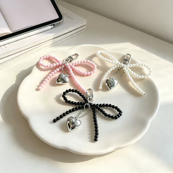 Korean Ins New Sweet Girl Pearl Bow Silver Love Pendant Keychain Phone Chain Headset Hanging Pendant