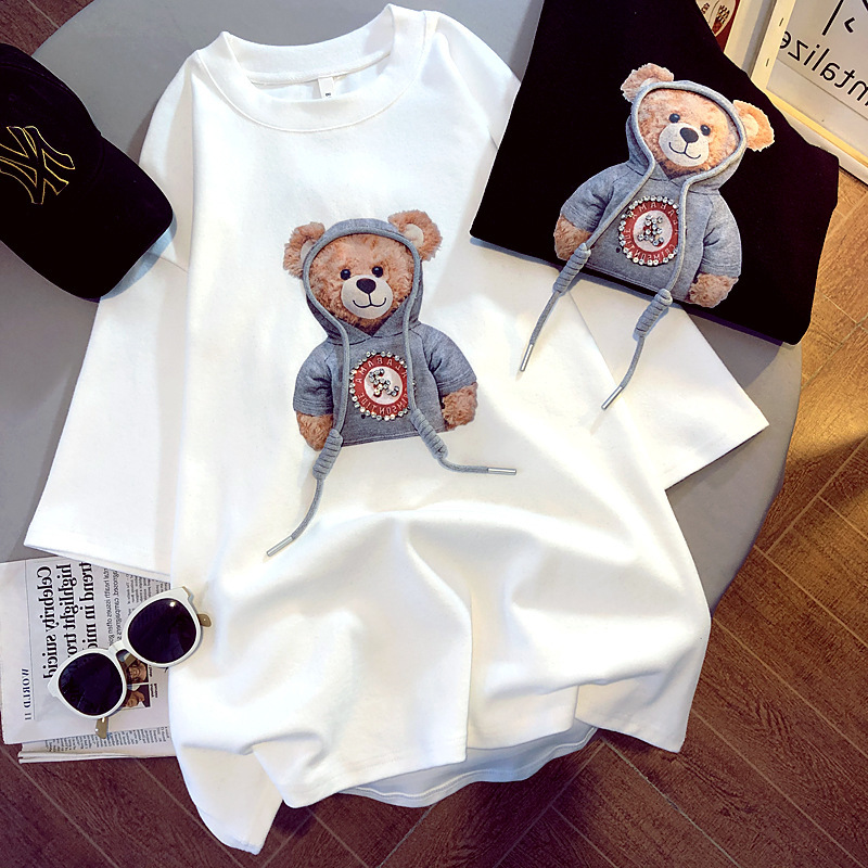 Fashion Short-sleeved T-shirt Women's 2022 Spring and Summer Printed Base Bear Korean Style Student Loose All-match Half-sleeved Top Trendy