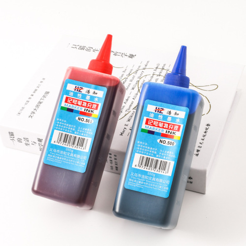 500 ml marker pen ink refills, fast-drying, oil-based, large-tip pens, black, red, blue ink.
