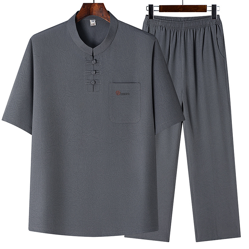 New Chinese style men's summer short-sleeved thin T-shirt for middle-aged and elderly men, ice silk T-shirt, Chinese style set for grandpas and elders.