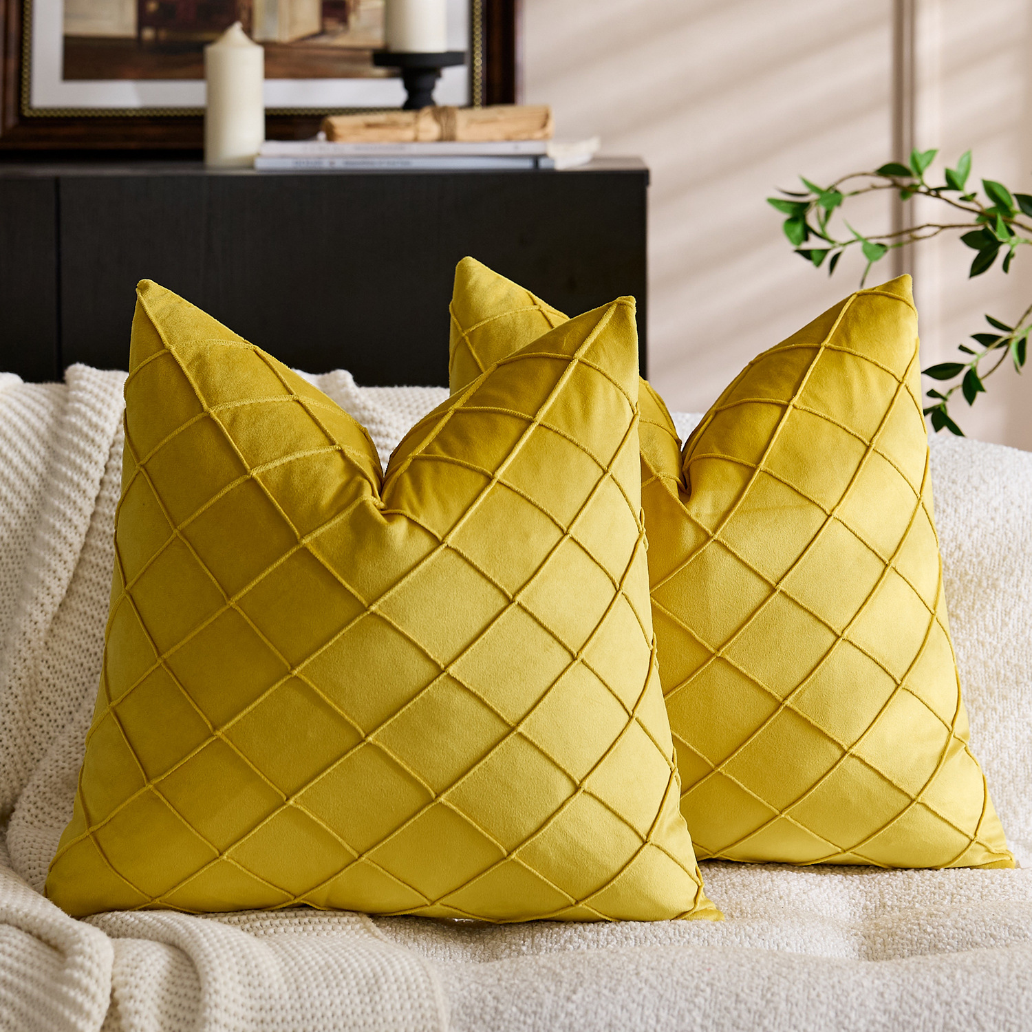 国境を越えた北欧の純色ビロード刺繍の方格子抱き枕カバー