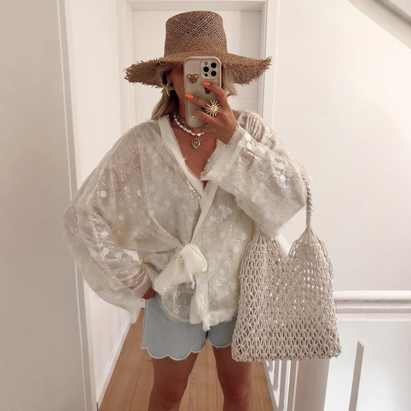 2025 Early Autumn New European and American Ins Popular Sequined Pure Color Sexy Long-Sleeved Shirt Top 2025 Early Autumn New European and American Ins Popular Sequined Pure Color Sexy Long-Sleeved Shirt Top