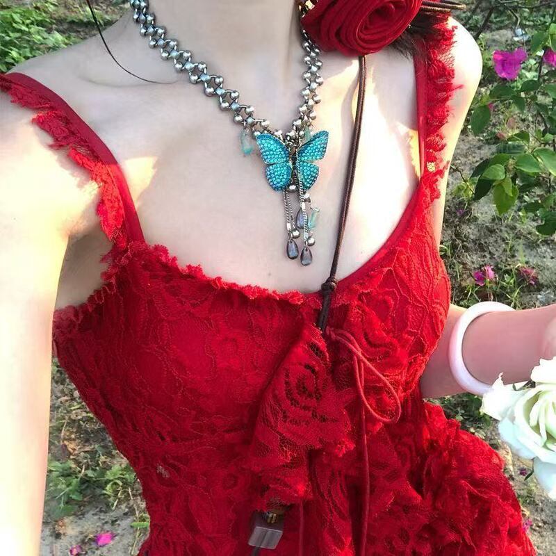 原创设计蓝色闪钻蝴蝶项链中式配饰女朋克夸张颈链流苏复古锁骨链|undefined