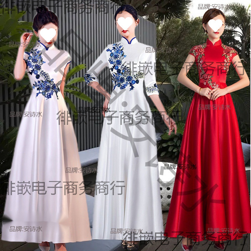 Etiquette Reception Clothing Etiquette Cheongsam Clothing Lady Gold Store Event Style Blue and White Award Dress Hotel Reception Etiquette Reception Clothing Etiquette Cheongsam Clothing Lady Gold Store Event Style Blue and White Award Dress Hotel Reception