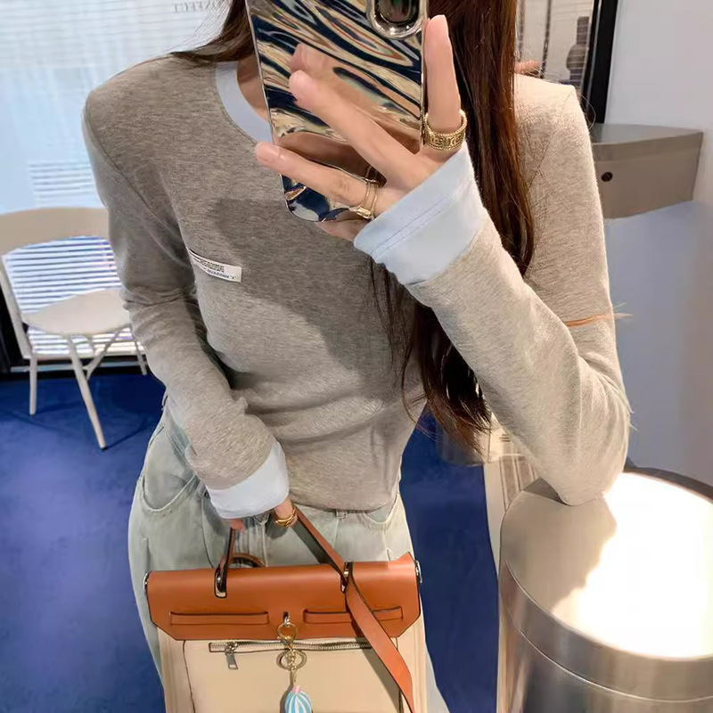 Thirteen Lines R*S Home Quality Color-Block Collar Slimming Base T-Shirt for Women Fashionable All-Season Layering Top Thirteen Lines R*S Home Quality Color-Block Collar Slimming Base T-Shirt for Women Fashionable All-Season Layering Top