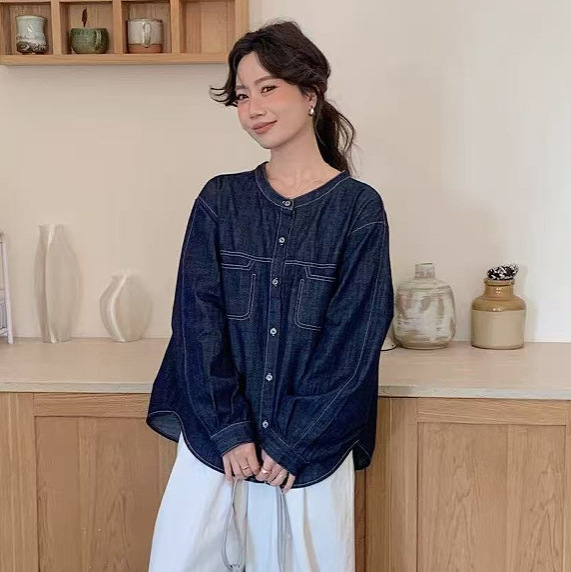 Turn-Down Collar Denim Shirt 2026 Autumn New Korean Style Round Neck Loose Large Size Shirt Long-Sleeved Jacket for Women 1141 Turn-Down Collar Denim Shirt 2026 Autumn New Korean Style Round Neck Loose Large Size Shirt Long-Sleeved Jacket for Women 1141