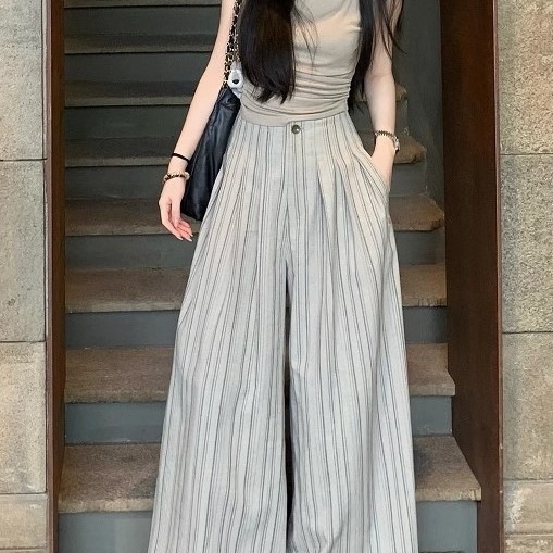 誉芝yuzhi 通勤感条纹阔腿裤夏季新款褶皱设计休闲百搭直筒长裤女|undefined