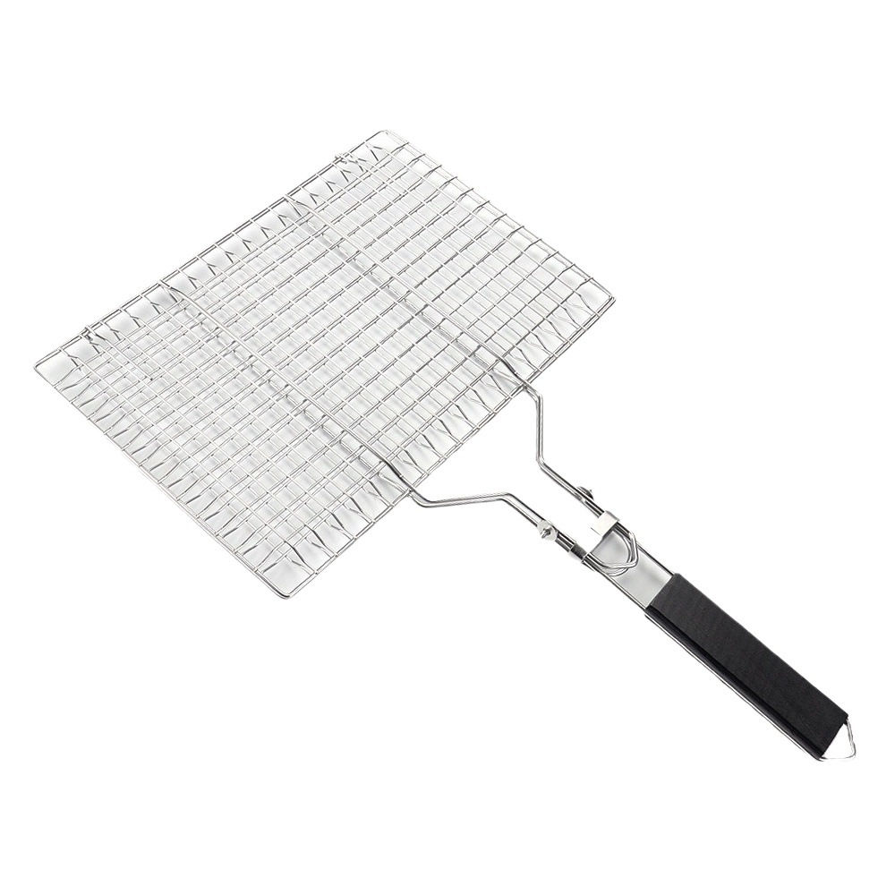 Red de barbacoa plegable al aire libre, herramienta de barbacoa, mango de madera de acero inoxidable, clip de comida, clip de pescado a la parrilla, red de parrilla BBQ desmontable