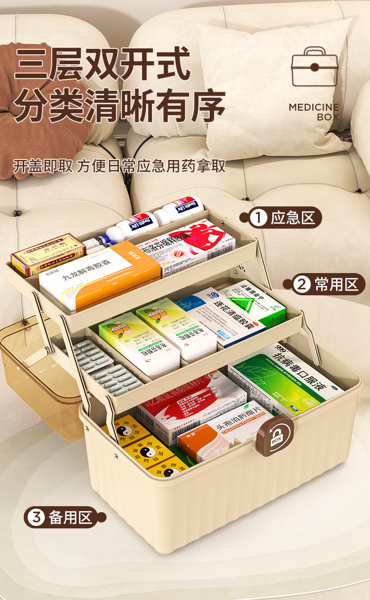 带锁医药箱大容量收纳盒户外便携急救箱居家用医疗箱手提防尘药盒-阿里巴巴