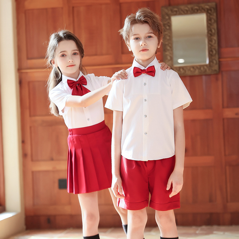 Traje de actuación de coro para niños Traje de actuación del día del niño para estudiantes de primaria y secundaria Traje de correa de jardín de infantes Vestido de niña rojo