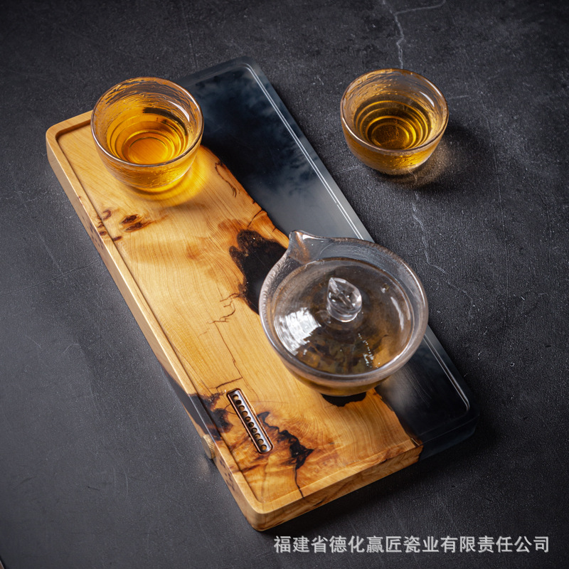 Bandeja de té transfronteriza, bandeja de té para el hogar, mesa de espuma seca pequeña moderna de lujo ligero, bandeja de drenaje rectangular de té de tohuja de madera maciza