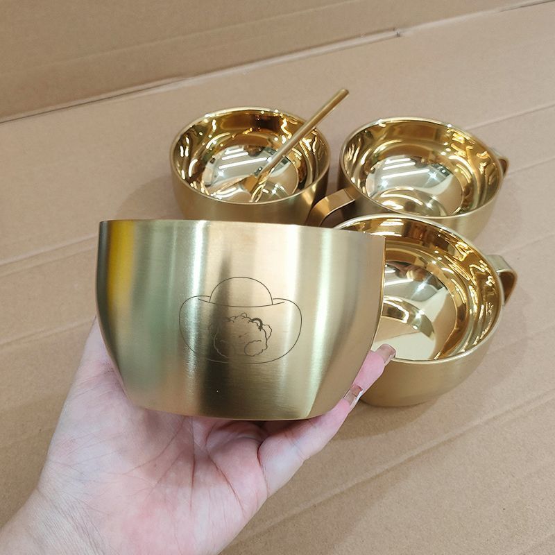 Children's Gold Bowl, Gold Rice Bowl, 316 Stainless Steel, Antibacterial, Anti-Fall, Anti-Scalding, Korean-Style Baby Small Gold Spoon for Birthday Party