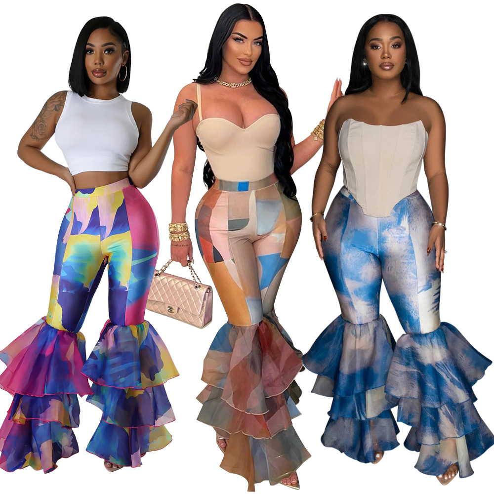 CY901251 Amazon European and American Women's AliExpress Tie Dye Printed Slim Fit Flare Pants Ruffled Women's Pants New