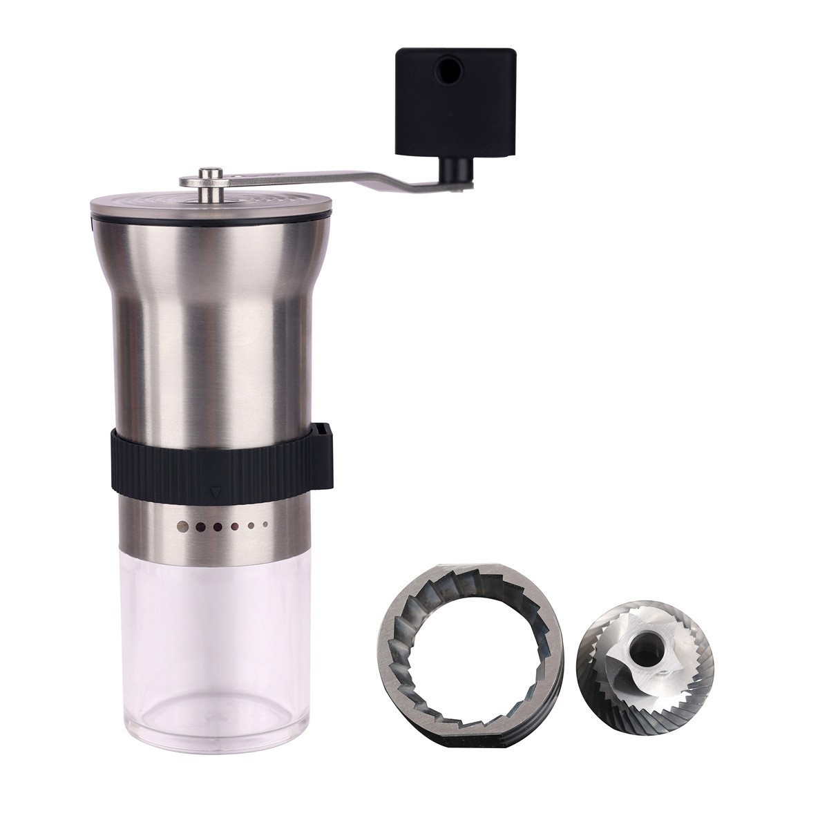 Molinillo de Café Manual SW-118A de Acero Inoxidable con Ajuste Externo y Núcleo de Molienda de 6 Velocidades.