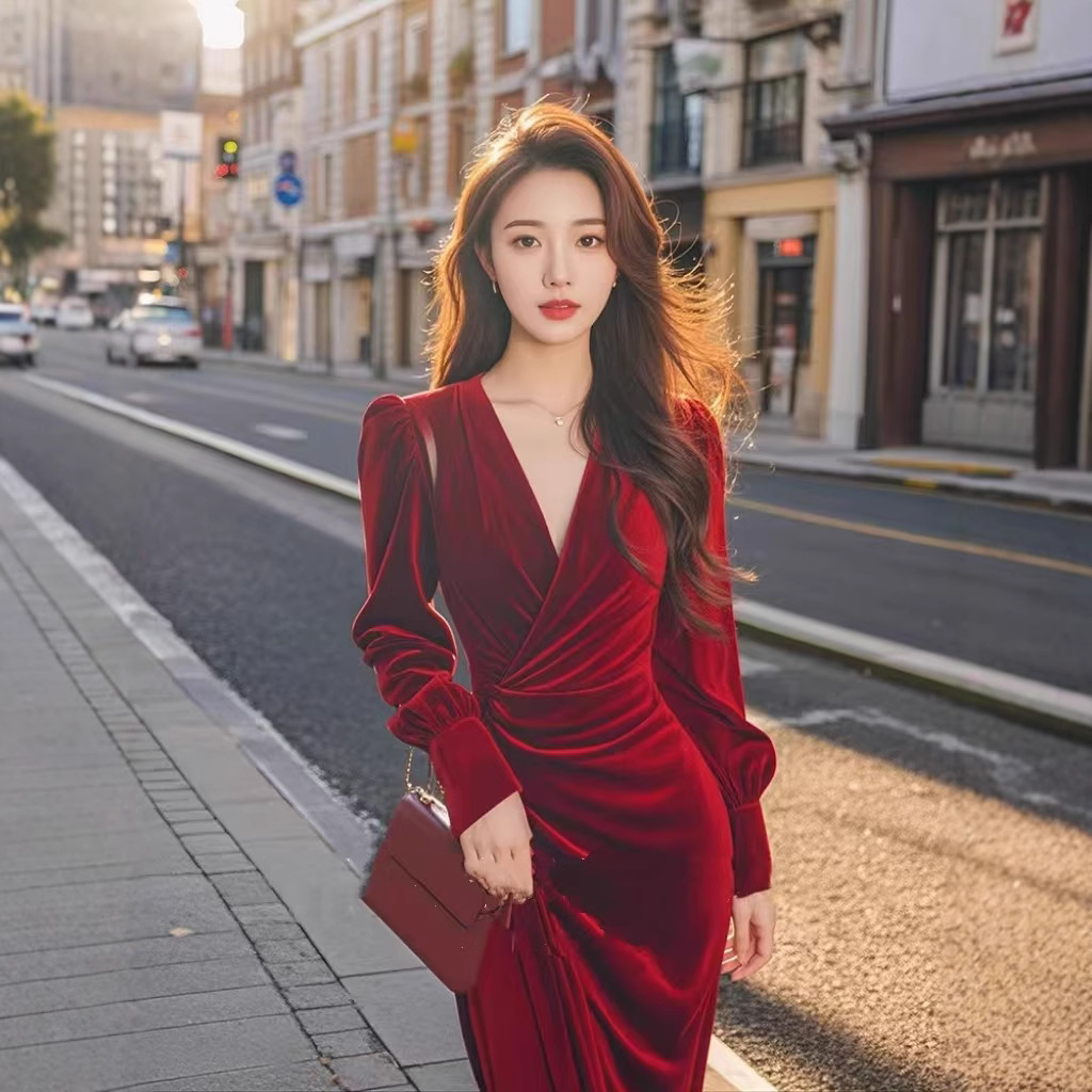 가을과 겨울 풍부한 가족 디린 프렌치 레트로 아름다운 빛 원피스 스커트를 원피스 발목 착용 버건디 벨벳