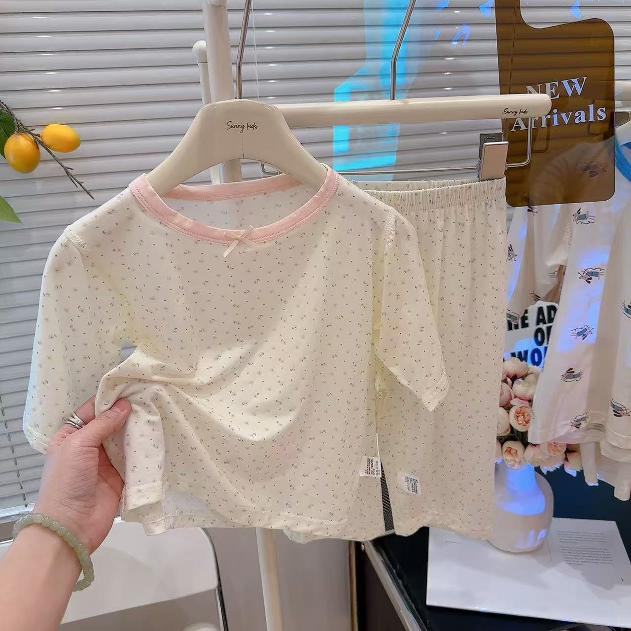 [Personalizado] Pijamas para niños, ropa de aire acondicionado ligera y transpirable para niños de verano, traje de ropa para el hogar de encaje de manga tres cuartos para niñas