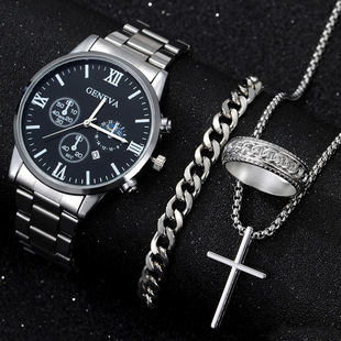 Men's business watch fake three-eye calendar Roman scale quartz watch cross necklace bracelet ring suit