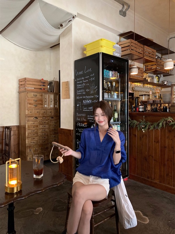 慵懒风宽松POLO领长袖亚麻蓝色衬衫女装秋季休闲气质衬衣小众上衣|undefined