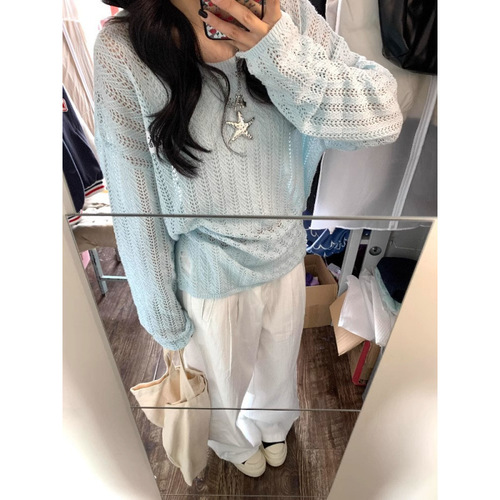 YUNS慵懒风镂空针织套头防晒罩衫宽松休闲上衣女韩系百搭长袖毛衣