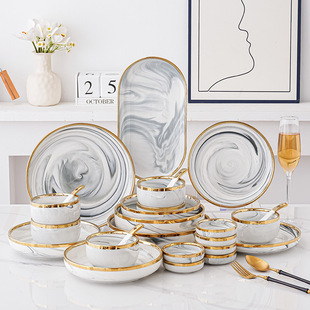 Scandinavian Accessible Luxury Ins Style High-End Marble Dishes Ceramic Household Modern Dish Plate Soup Bowl Tableware Set