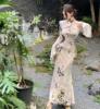 Lace printed patchwork cheongsam with buttocks and fishtail long skirt