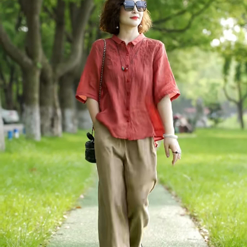 2026 Summer New Style Cotton Linen Embroidered Top, Loose Fit, Three-Quarter Sleeves, Versatile, Simple, Stylish, Thin Suit for Women