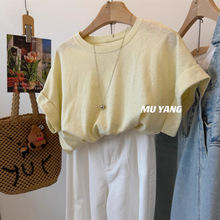 MUYANG 推荐入！极简慵懒卷袖前短后长短袖T恤女后装饰扣上衣