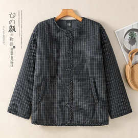 两面穿~2026秋冬韩版百搭圆领格子棉服外套女装休闲夹棉上衣