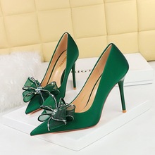 3265-H38 European and American Banquet Light Luxury High Heels Women's Shoes Slim Heels, Shallow Mouth Pointed Mesh Lace Bow Single Shoes