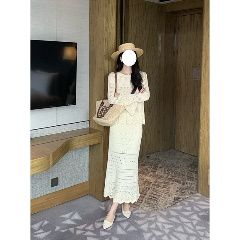 7656浪漫时区小香风淑女针织套装女2025新款镂空上衣长裙子两件套|undefined