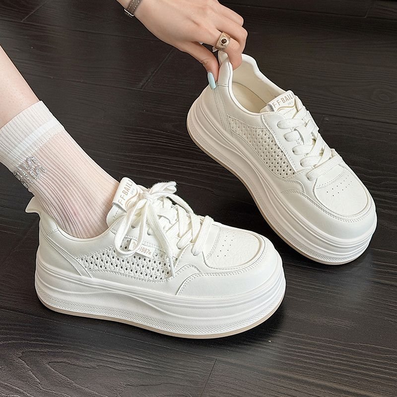 White Hollow-Out Breathable Thick-Soled Sports Sneakers, Fashionable Casual Shoes, Height-Increasing, Lightweight, Comfortable, Versatile, Summer Thin Style for Women