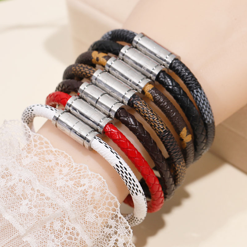 Cross-Border European and American Retro Leather Rope Bracelet with Vintage Pattern Leather, Stainless Steel Magnetic Clasp, Woven Cowhide Bracelet, Couple's Bracelet