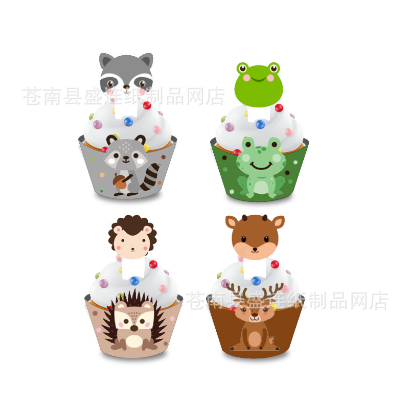 Animal del bosque tema pastel taza de papel borde de la torta Tarjeta de inserción fiesta de cumpleaños de los niños pastel de decoración de la taza Tarjeta de inserción