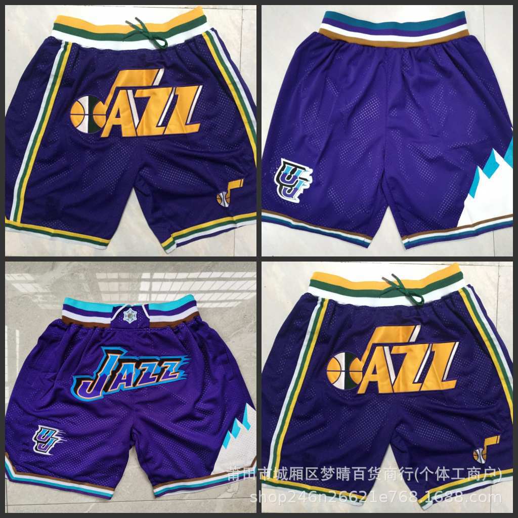 Basketball Shorts with Dense Embroidery, Jazz Team Retro Full Embroidery, Zipper Pocket Shorts, Knee-Length Shorts, Wholesale for Foreign Trade