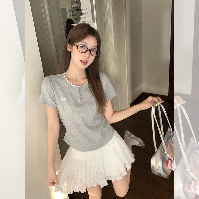 Korean Style Unique Fashion Shoulder Short-sleeved T-shirt Women's Summer New Lace Stitching Embroidered Bow Pleated Top Korean Style Unique Fashion Shoulder Short-sleeved T-shirt Women's Summer New Lace Stitching Embroidered Bow Pleated Top