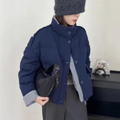 设计感白色格纹拼接鹅绒服女短款2025冬新款加厚减龄白鹅绒面包服
