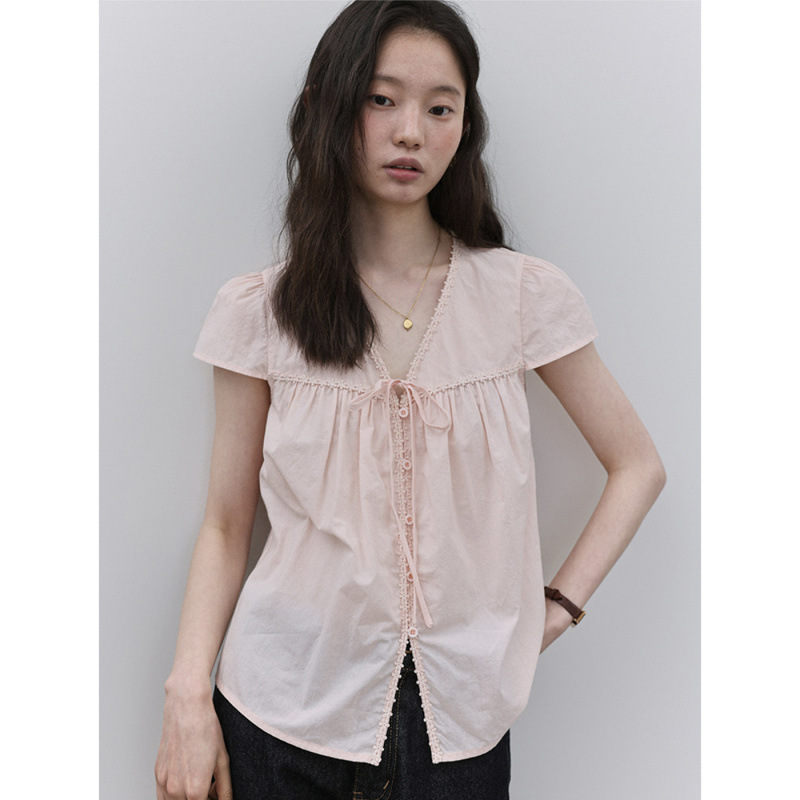 [Mustard Pie] Pink V-Neck Lace Pleated Shirt for Women, New Summer Style, Sweet Cotton Top with Ties