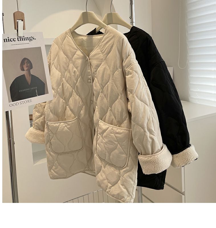 Collarless lamb wool splicing light and thin winter Korean version loose small fragrant dia plaid warm cotton jacket_voghion.com