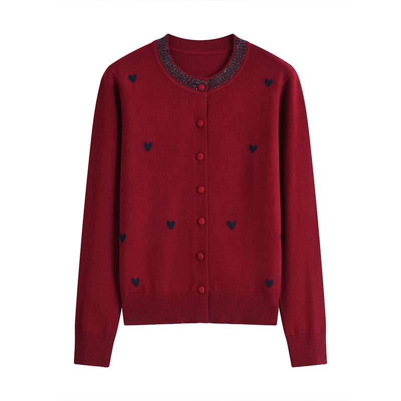 Red Knitted Cardigan for Women in Their Zodiac Year, Christmas 2025 Autumn and Winter New Style, Round Neck, Long Sleeves, Heart Embroidery, Wool Top