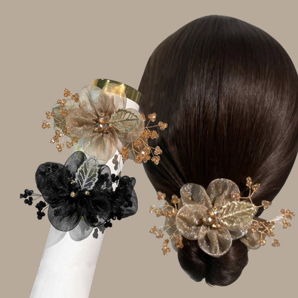 非金屬布藝髮飾新款樹葉刺繡紗花發圈發繩頭花飾品時尚橡皮筋頭繩